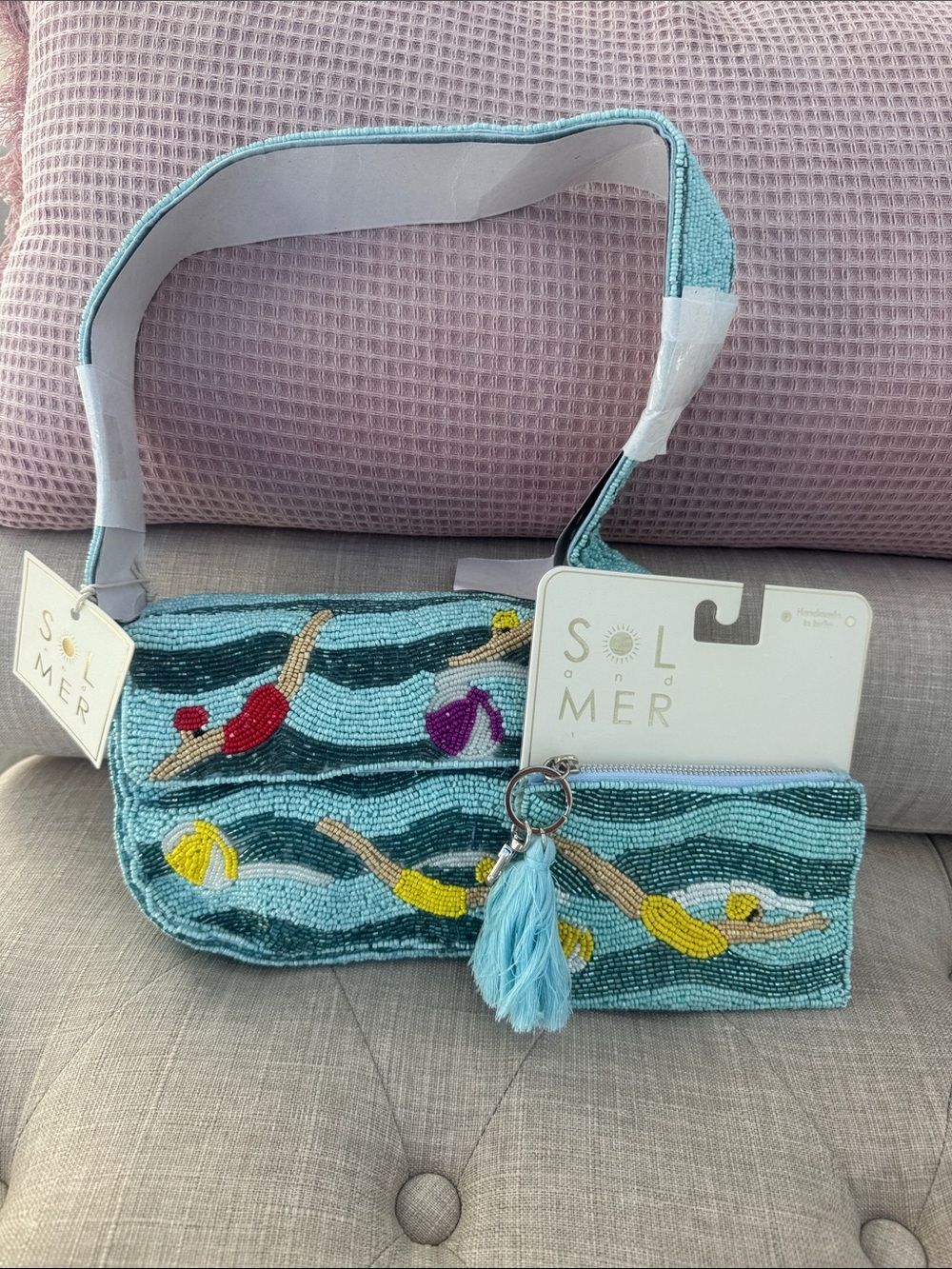 Sol and Mer Beaded Aqua Swimmer purse and Wristlet with Tassel. NWT